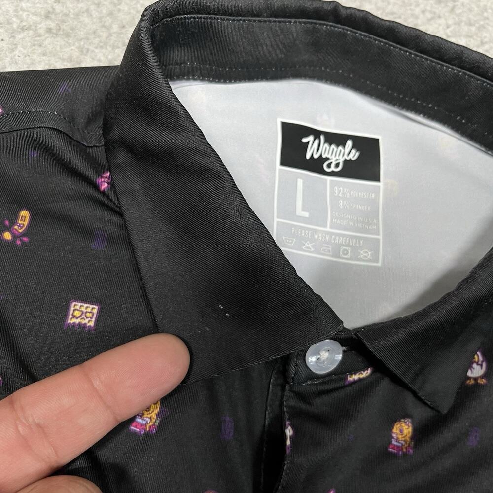 Waggle Polo Shirt Mens L Black All Over Print Performance Golf Stretch AOP - Picture 5 of 9